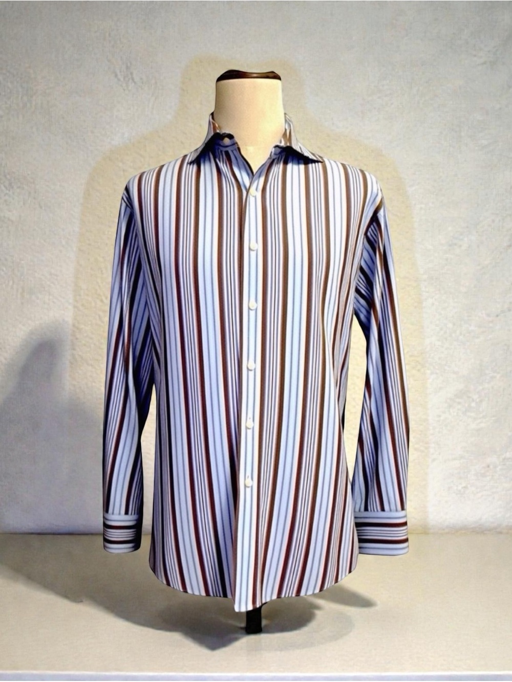GANT Dress Fit Men’s Button Down Shirt Large Blue Brown Stripe Cotton Classic